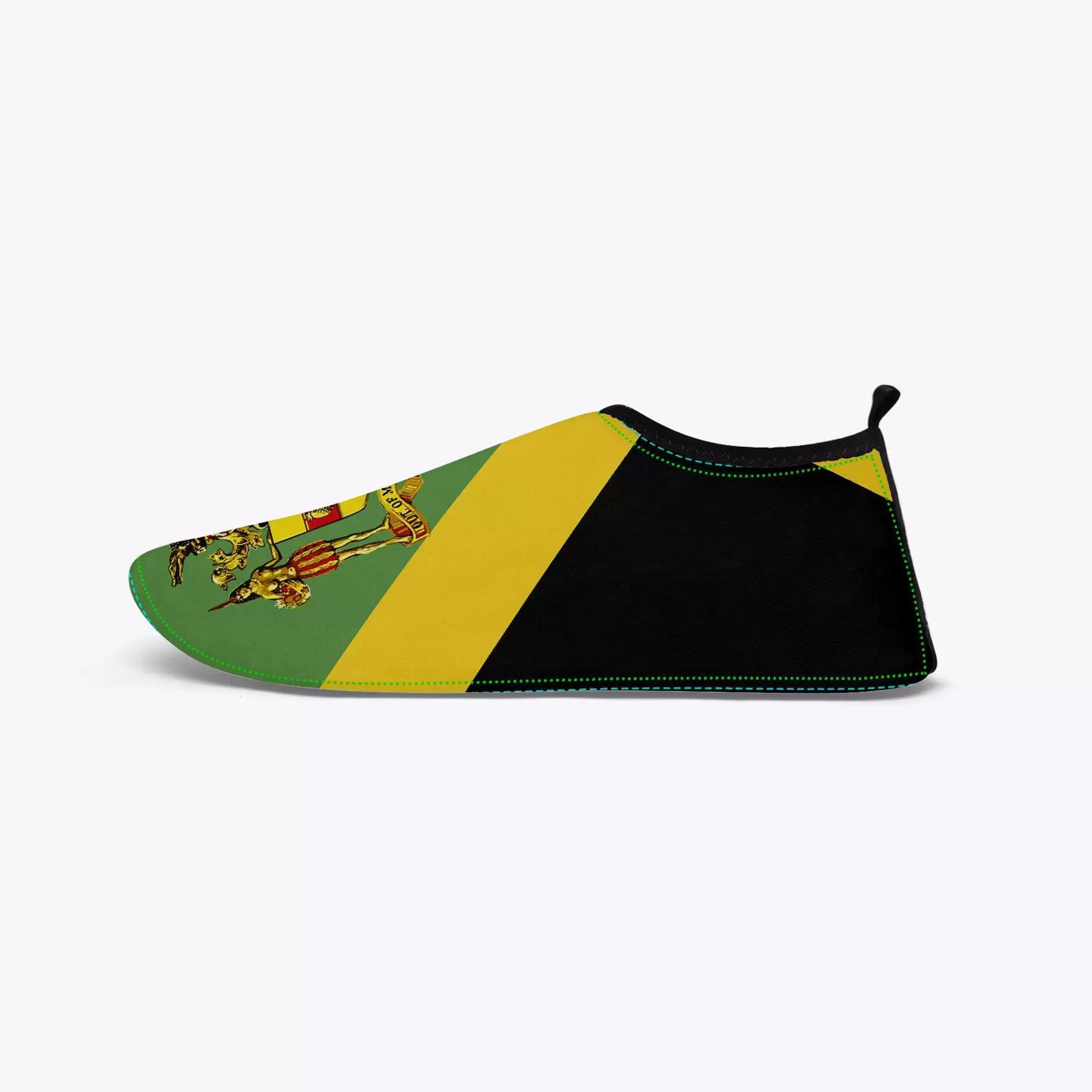 Jamaican Out of Many Water shoes side right view in the Jamaican colors with coat of arms. Out of Many One People at Rastaseed shoes clothing and merchandise.