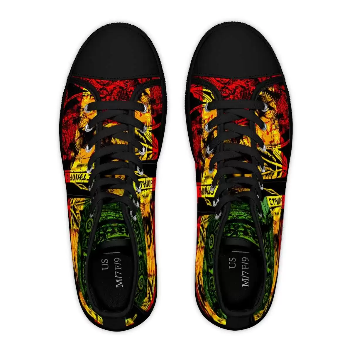 Natural Mystic Reggae Women's High Top Sneakers in vibrant Rasta colors top view black. Emperor Haile Selassie design available in black or white trim.