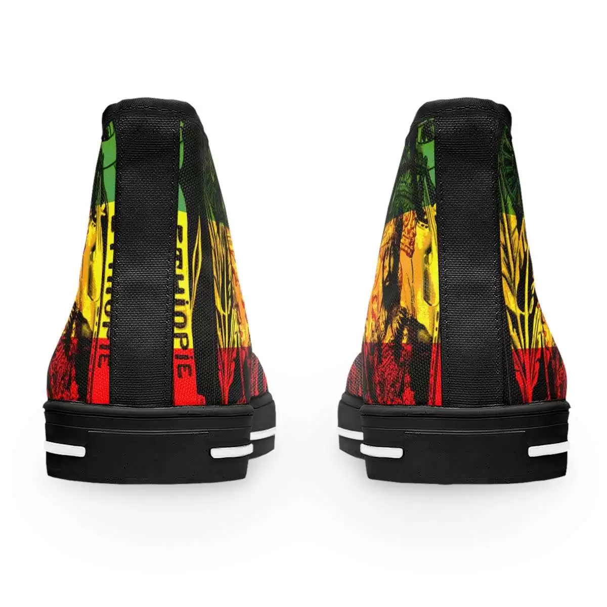 Natural Mystic Reggae Women's High Top Sneakers in vibrant Rasta colors back view black. Emperor Haile Selassie design available in black or white trim.