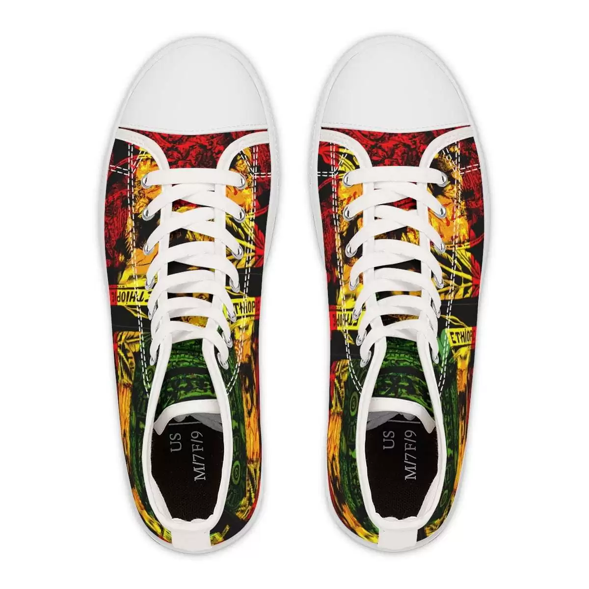 Natural Mystic Reggae Women's High Top Sneakers in vibrant Rasta colors top view white. Emperor Haile Selassie design available in black or white trim.