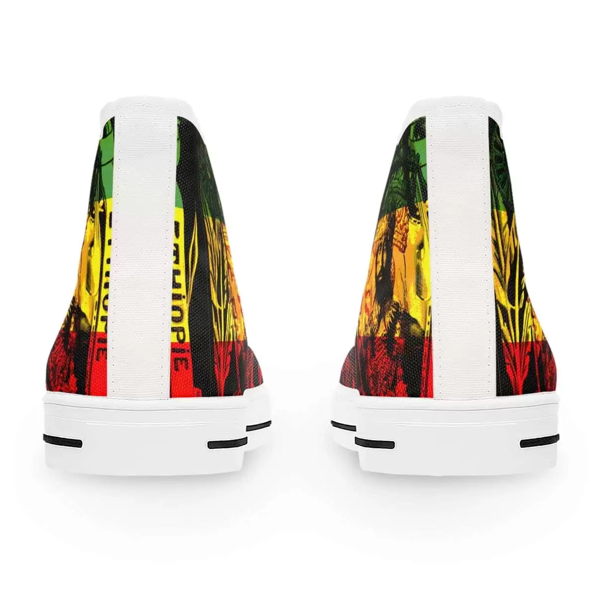 Natural Mystic Reggae Women's High Top Sneakers in vibrant Rasta colors back view white. Emperor Haile Selassie design available in black or white trim.