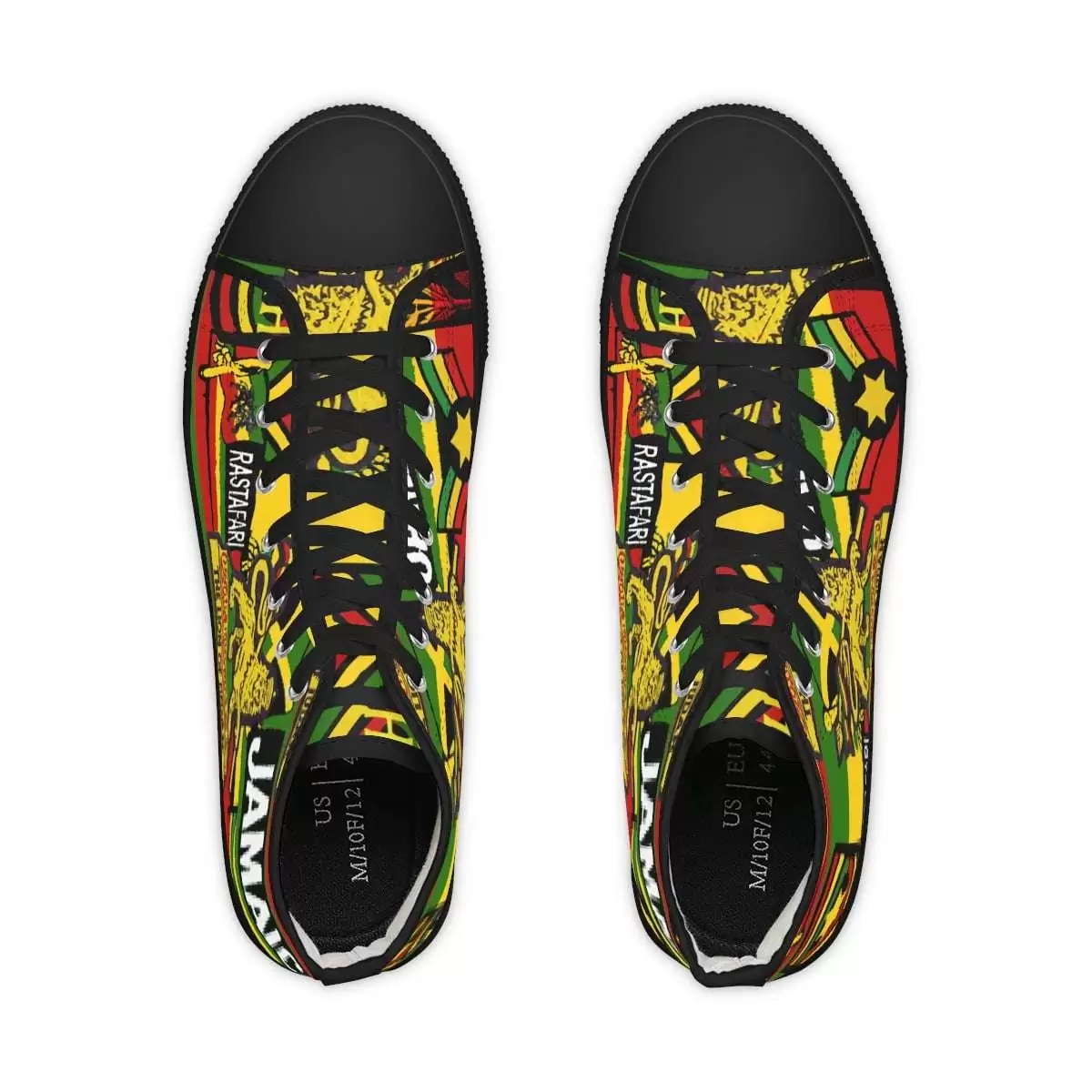 Reggae Steppers Men's High Top Sneakers top view black in vivid Rasta colors. Step out in style in these cool shoes from Rastaseed.com Jamaican Reggae Clothing.