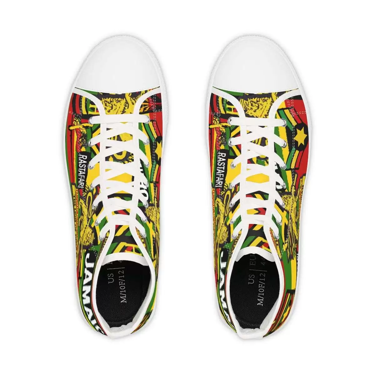 Reggae Steppers Men's High Top Sneakers top view white in vivid Rasta colors. Step out in style in these cool shoes from Rastaseed.com Jamaican Reggae Clothing.