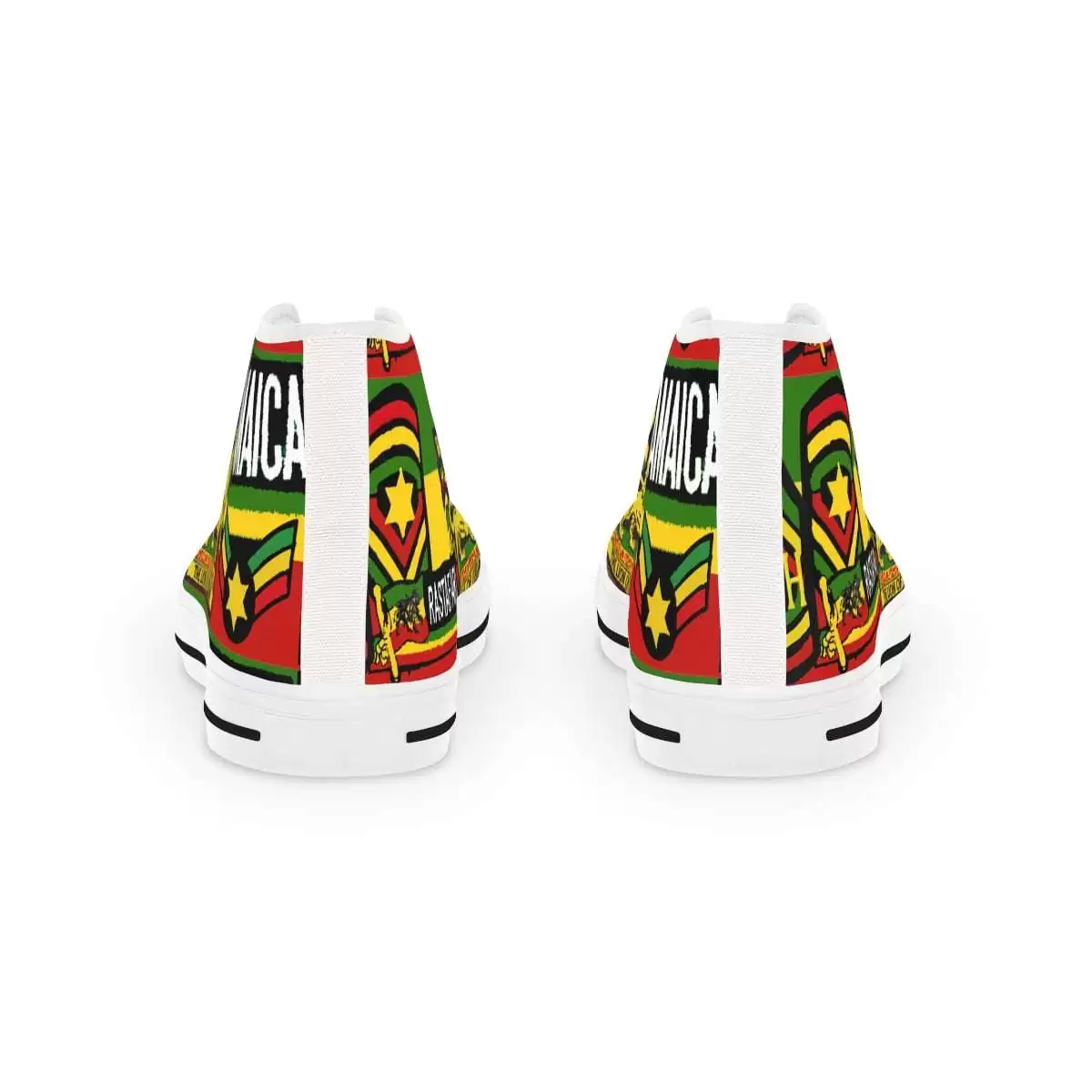 Reggae Steppers Men's High Top Sneakers back view white in vivid Rasta colors. Step out in style in these cool shoes from Rastaseed.com Jamaican Reggae Clothing.