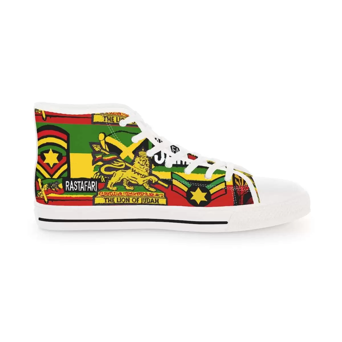 Reggae Steppers Men's High Top Sneakers side view white in vivid Rasta colors. Step out in style in these cool shoes from Rastaseed.com Jamaican Reggae Clothing.