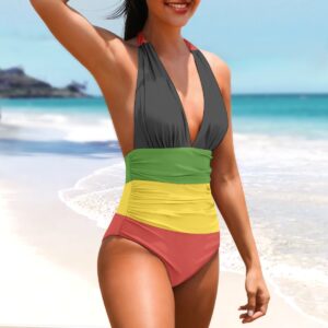 Rastafarian swimsuit front view brunette model in red gold green and black. Comfortable and sexy for next vacation or the hot Summer months by the pool or at the beach.