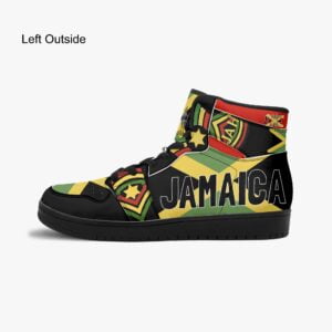 Jamaican Basketball Sneakers Left outside view in Jamaica flag design. Reggae shoes with original design and Rastafarian colors at Rasta Seed Shoe Shop.