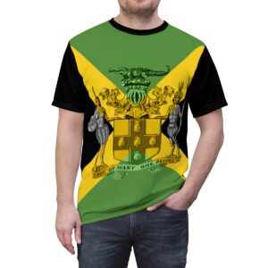 Jamaica coat of arm t-shirt is a unisex design front model view. Jamaican traditional clothing for independence celebration of just Jamaican pride.