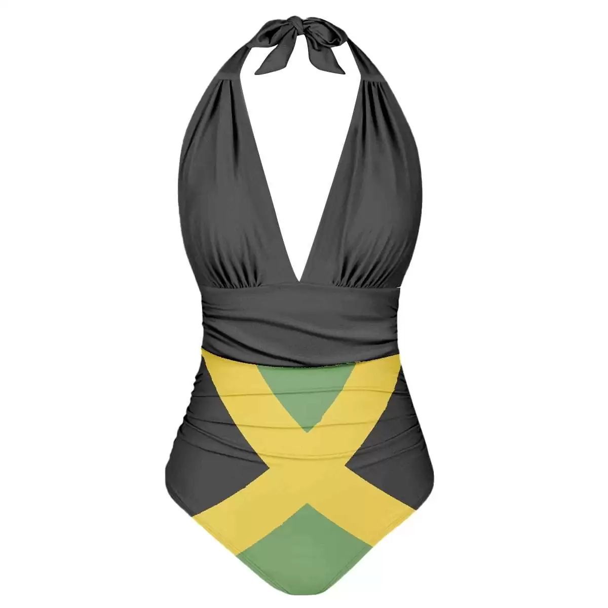 Jamaica swimsuit front view in the halter neck one piece style. Jamaican flag and black trim. Comfortable sexy style for your next vacation.