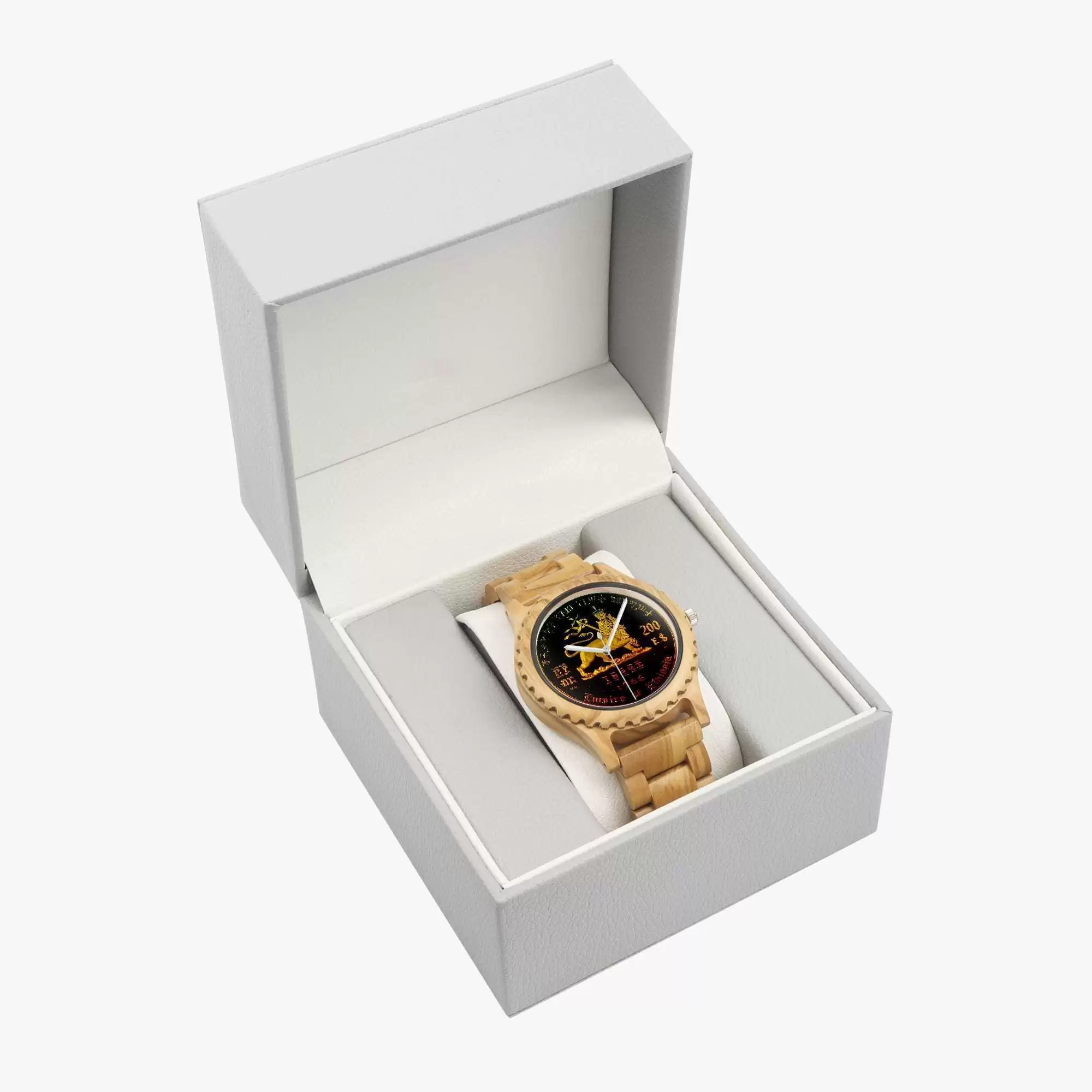 Rasta Lion of judah Italian Olive Lumber Wooden Watch with authentic Ethiopian design boxed front view. Unique piece makes a great gift at Rastaseed.com