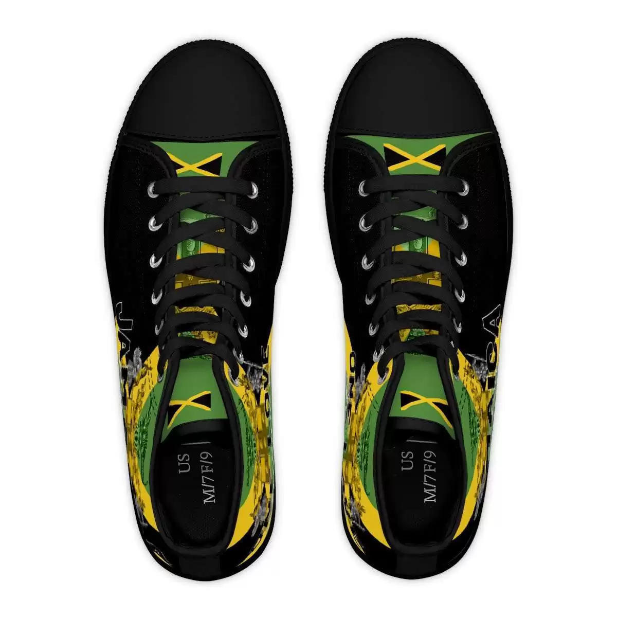 Jamaican Color Women's High Top Sneakers top view black with Jamaica motto out of many one people and flag available in black or white trim and sole.