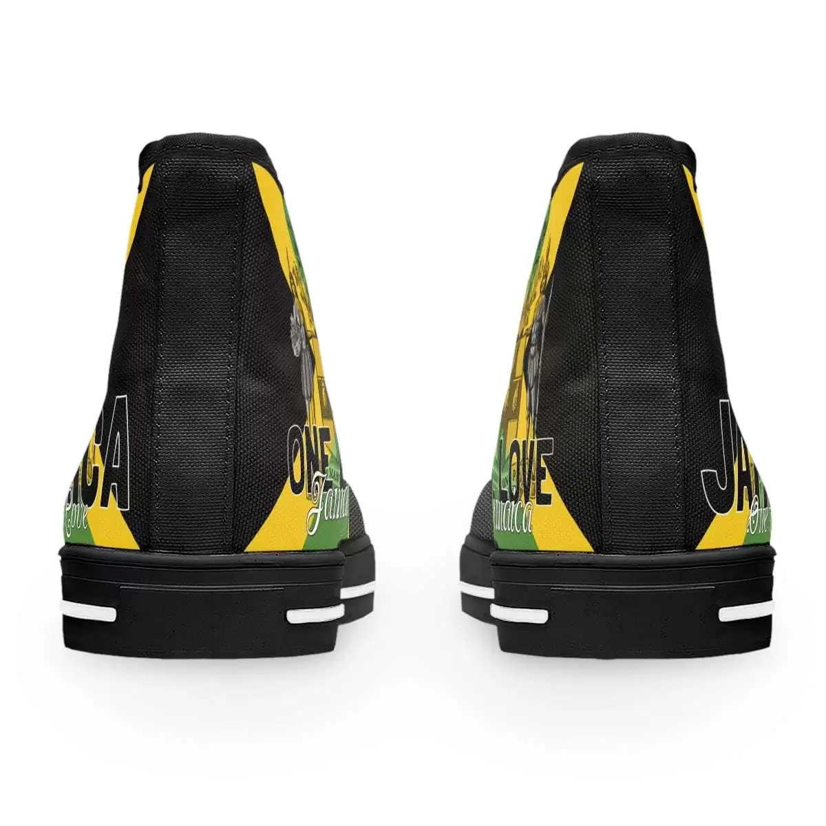 Jamaican Color Women's High Top Sneakers back view black with Jamaica motto out of many one people and flag available in black or white trim and sole.