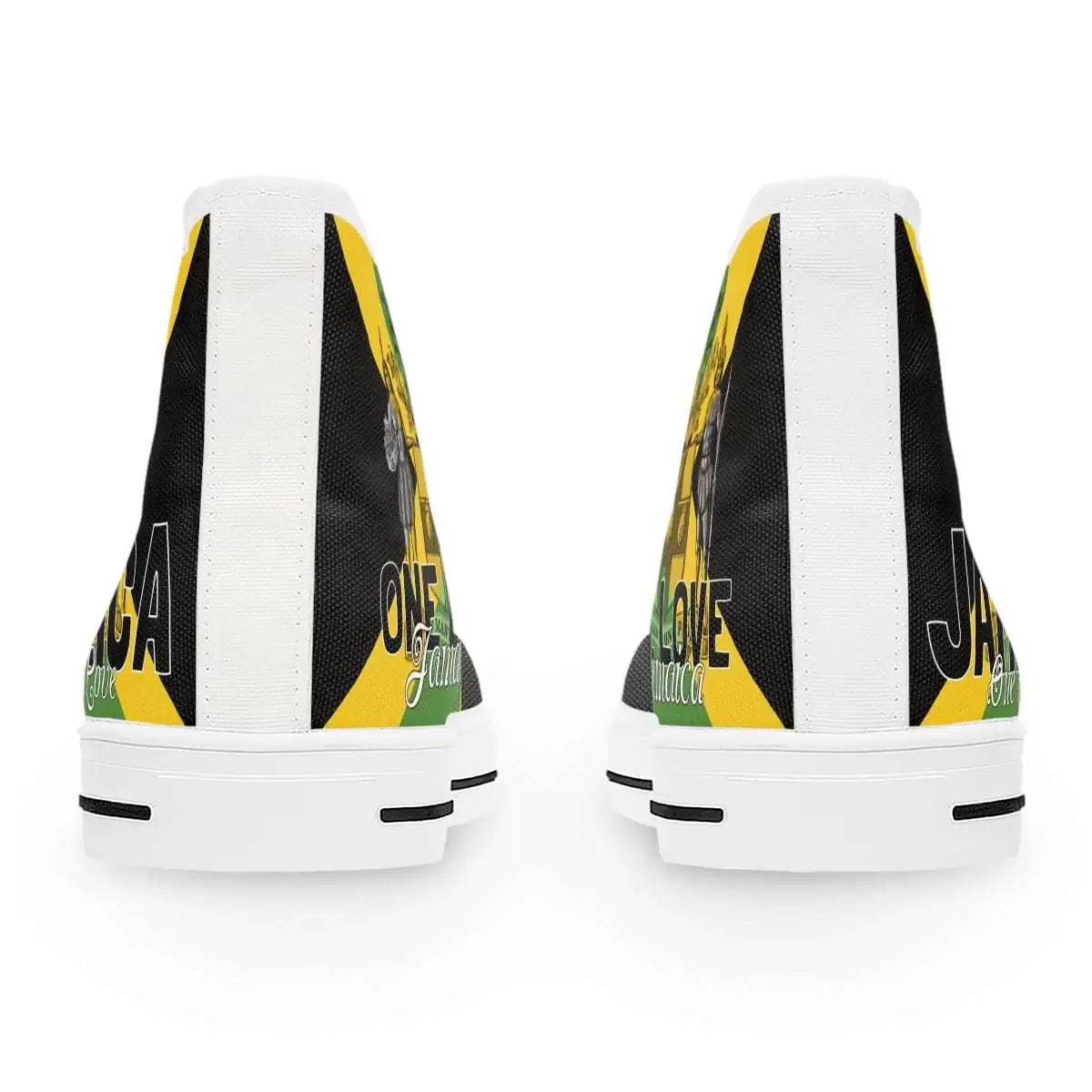 Jamaican Color Women's High Top Sneakers back view white with Jamaica motto out of many one people and flag available in black or white trim and sole.