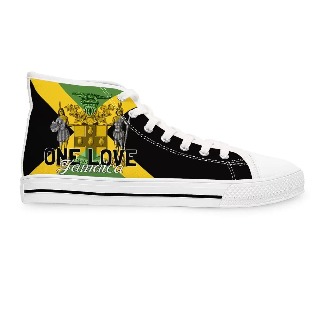 Jamaican Color Women's High Top Sneakers side view white with Jamaica motto out of many one people and flag available in black or white trim and sole.