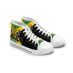 Jamaican Color Women's High Top Sneakers front view white with Jamaica motto out of many one people and flag available in black or white trim and sole.