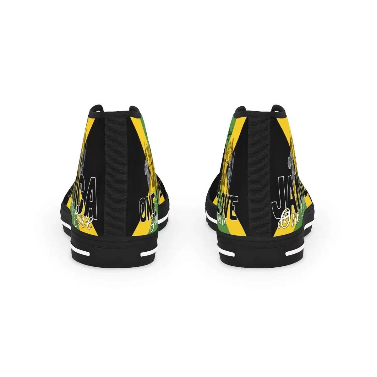Jamaican Color Men's High Top Sneakers back view with Jamaica motto Out of Many One People. Available in black or white trim and sole.