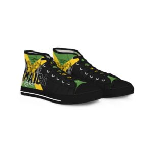 Jamaican Color Men's High Top Sneakers front view with Jamaica motto Out of Many One People. Available in black or white trim and sole.