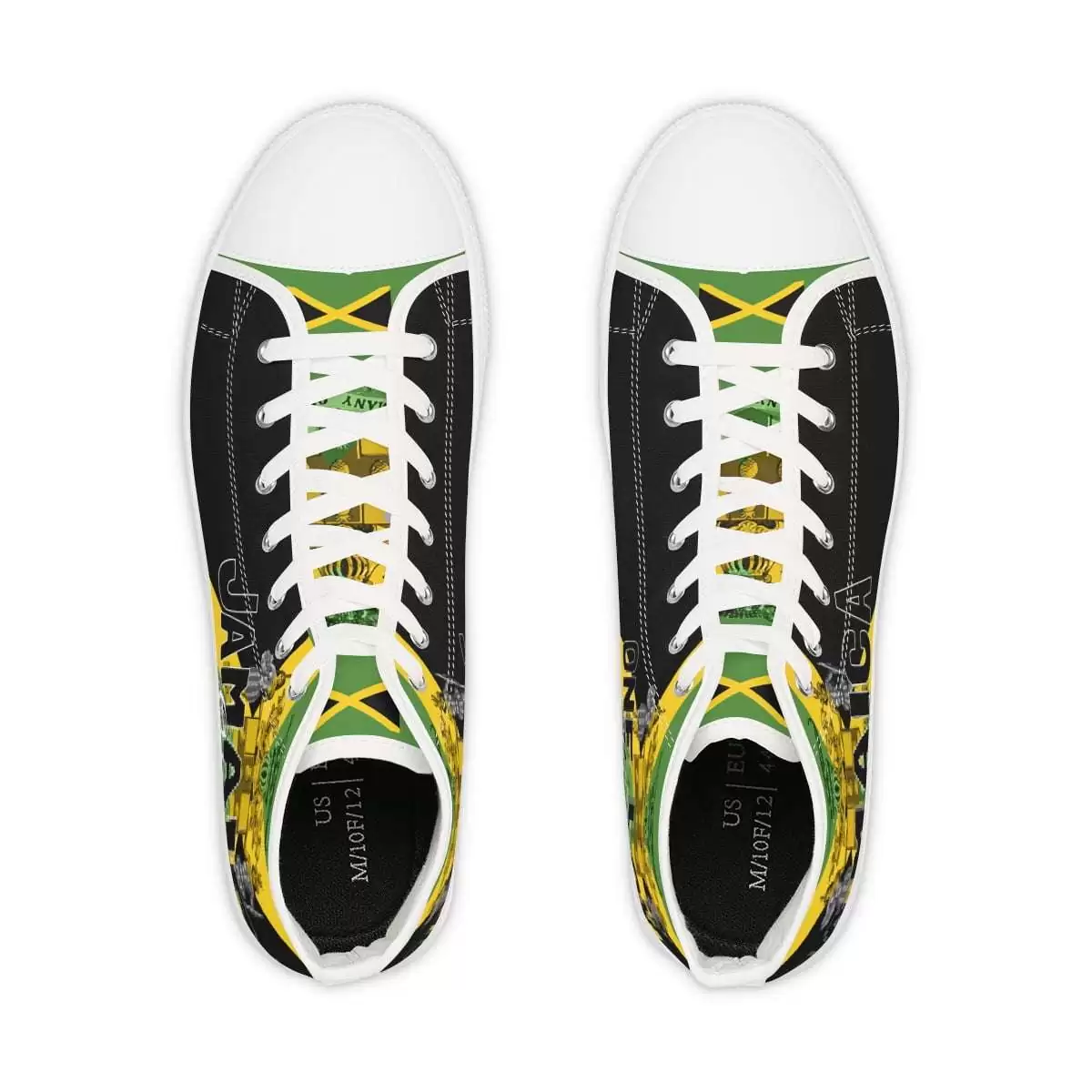 Jamaican Color Men's High Top Sneakers top view white with Jamaica motto Out of Many One People. Available in black or white trim and sole.