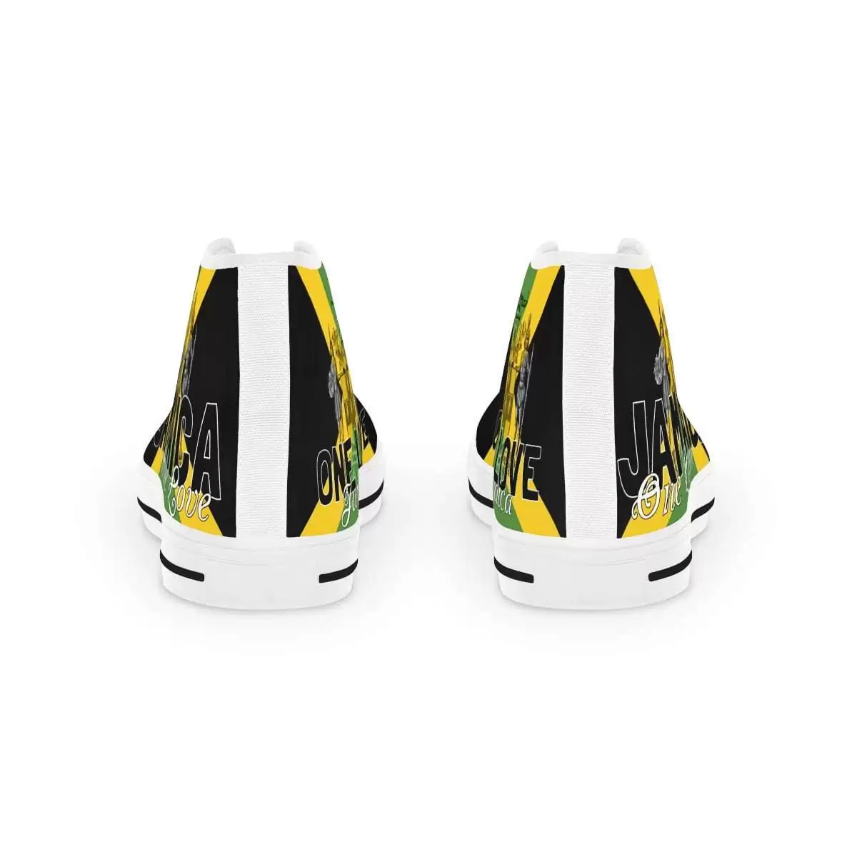 Jamaican Color Men's High Top Sneakers back view white with Jamaica motto Out of Many One People. Available in black or white trim and sole.