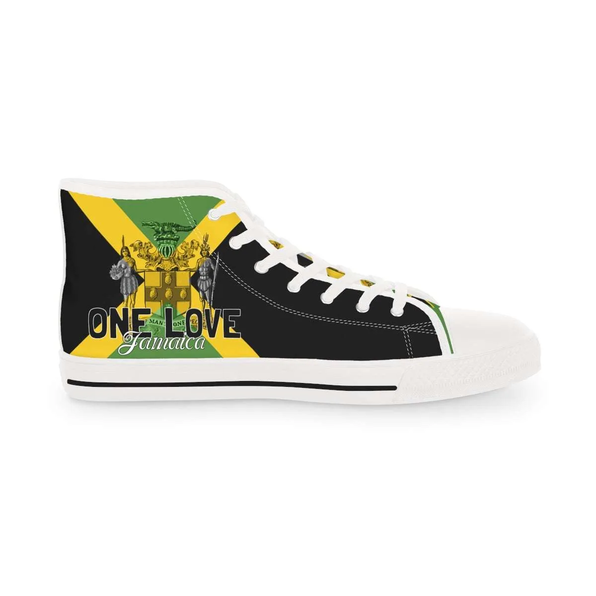 Jamaican Color Men's High Top Sneakers inside view white with Jamaica motto Out of Many One People. Available in black or white trim and sole.