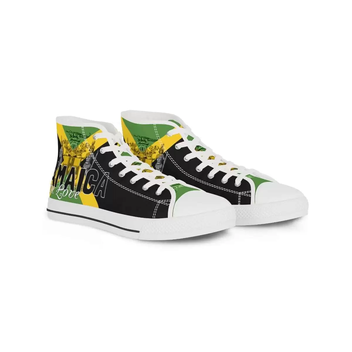 Jamaican Color Men's High Top Sneakers front view white with Jamaica motto Out of Many One People. Available in black or white trim and sole.