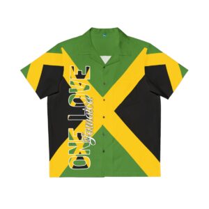 Jamaica Shirt front view button up loose fitting vacation wear. Jamaican colors and One love Jamaican design in large selection of sizes