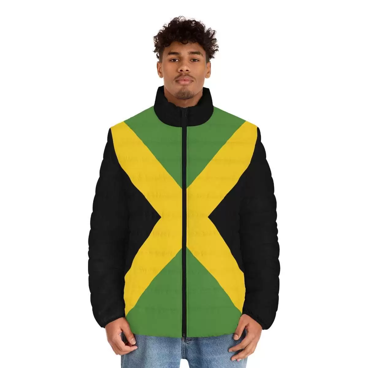 Jamaica jacket front model view with Jamaican flag design and black trim. Will keep you warm this Winter in Jamaican style and comfort.