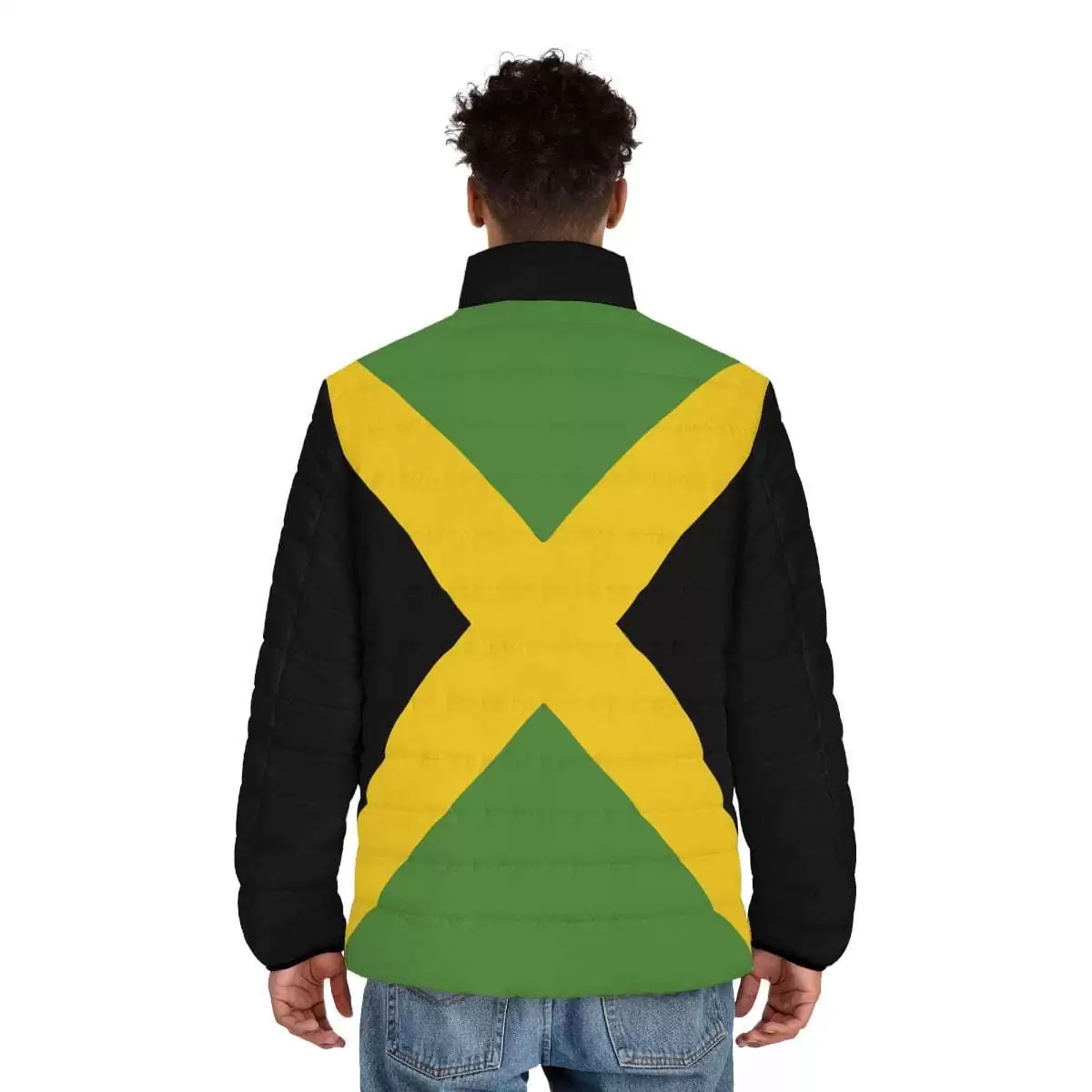 Jamaica jacket back model view with Jamaican flag design and black trim. Will keep you warm this Winter in Jamaican style and comfort.
