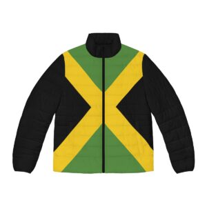 Jamaica jacket front view with Jamaican flag design and black trim. Will keep you warm this Winter in Jamaican style and comfort.
