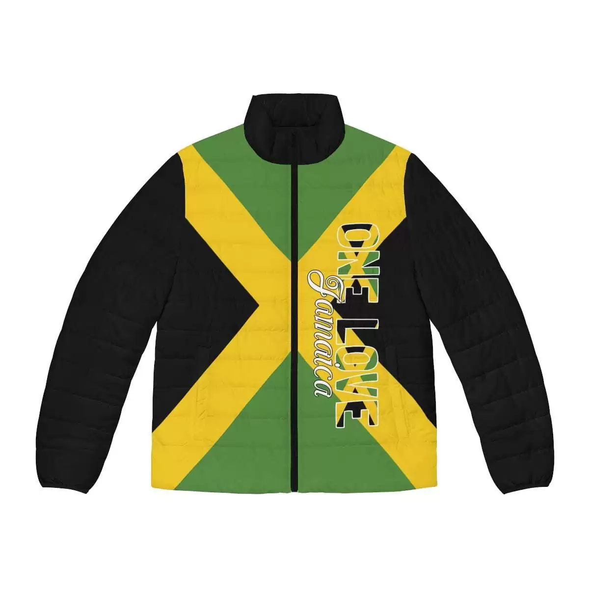 Jamaica One Love Jacket front view in the puffer style. Keep you warm in Winter and look great in the Jamaican colors and style at Rastaseed.com