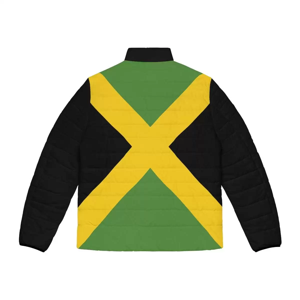 Jamaica One Love Jacket back view in the puffer style. Keep you warm in Winter and look great in the Jamaican colors and style at Rastaseed.com