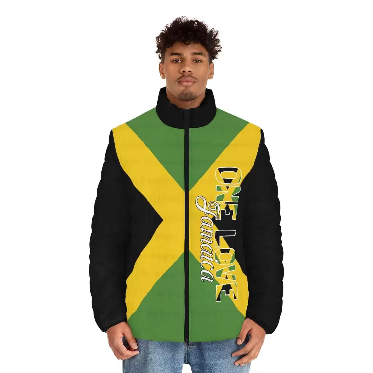 Jamaica One Love Jacket front model view in the puffer style. Keep you warm in Winter and look great in the Jamaican colors and style at Rastaseed.com