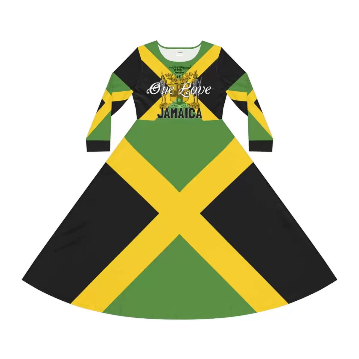 Jamaican Dress front view with Jamaica motto out of many one people and flag. Independence day celebration dress in the traditional colors.