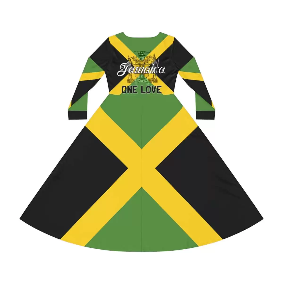 Jamaican Dress back view with Jamaica motto out of many one people and flag. Independence day celebration dress in the traditional colors.