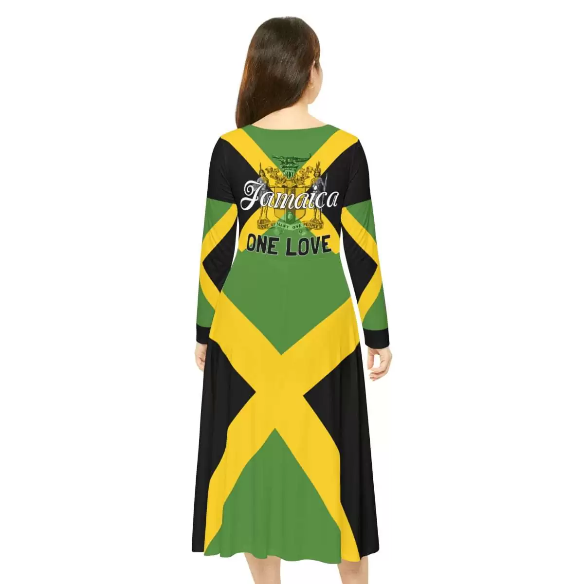 Jamaican Dress back view model with Jamaica motto out of many one people and flag. Independence day celebration dress in the traditional colors.