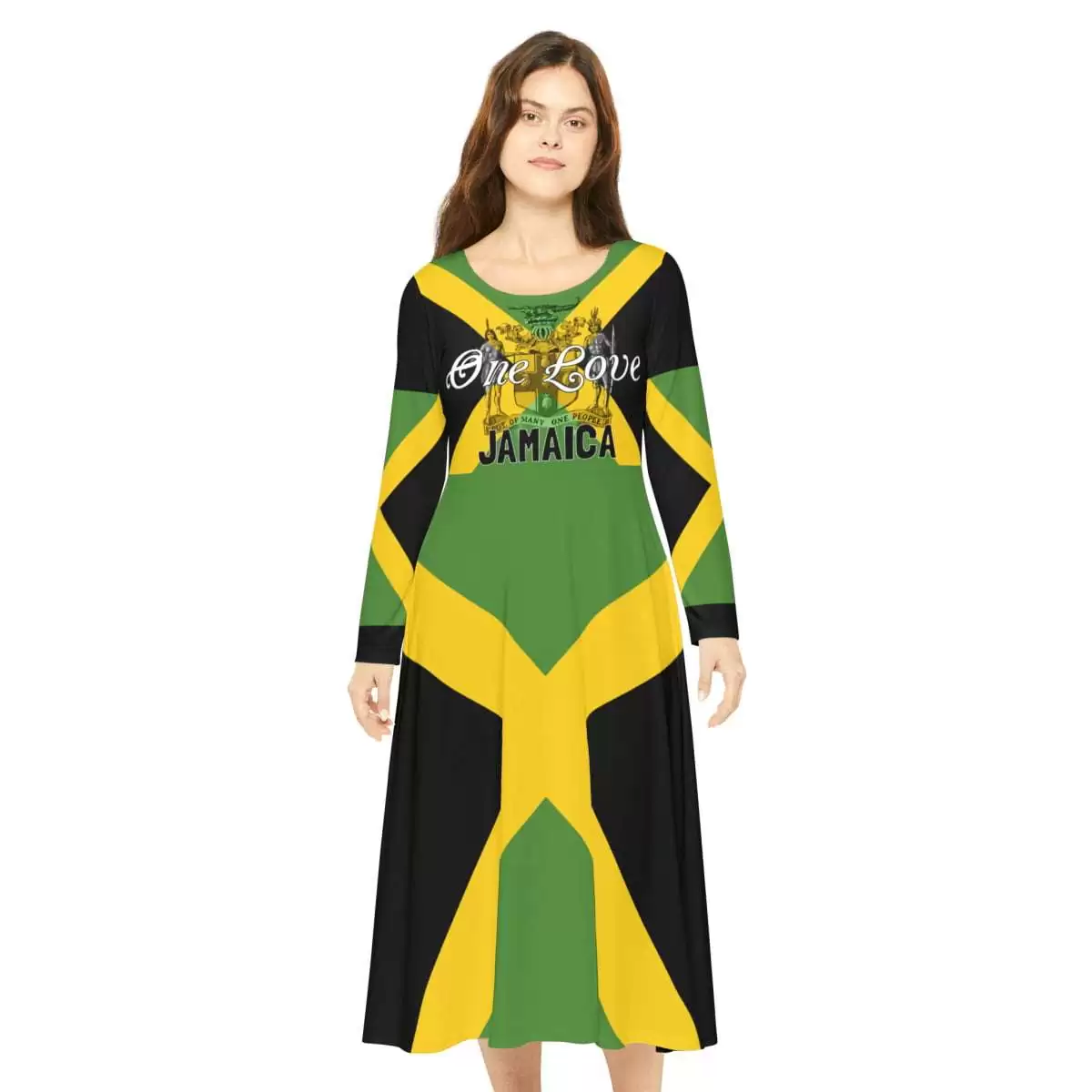 Jamaican Dress front view model with Jamaica motto out of many one people and flag. Independence Jamaican culture clothes in the traditional colors.