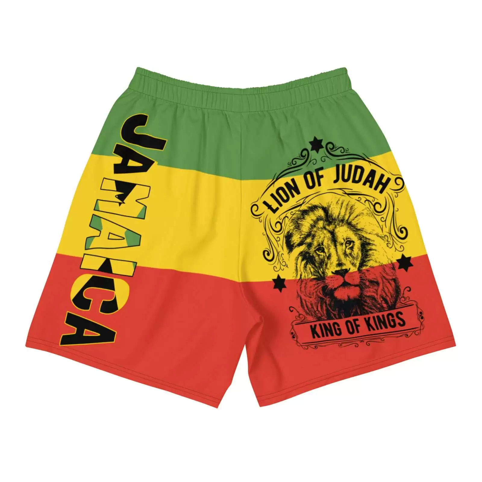 Rastafarian Shorts in red gold and green back view with Jamaica and Lion of Judah design. Great for the beach or on vacation in the hot weather. Great reggae clothing