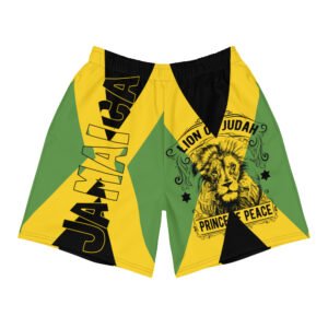 Jamaican Swim Shorts front view in Jamaica Flag colors and with a unique Lion of Judah design. Great for the beach or for holiday wear on your next vacation.