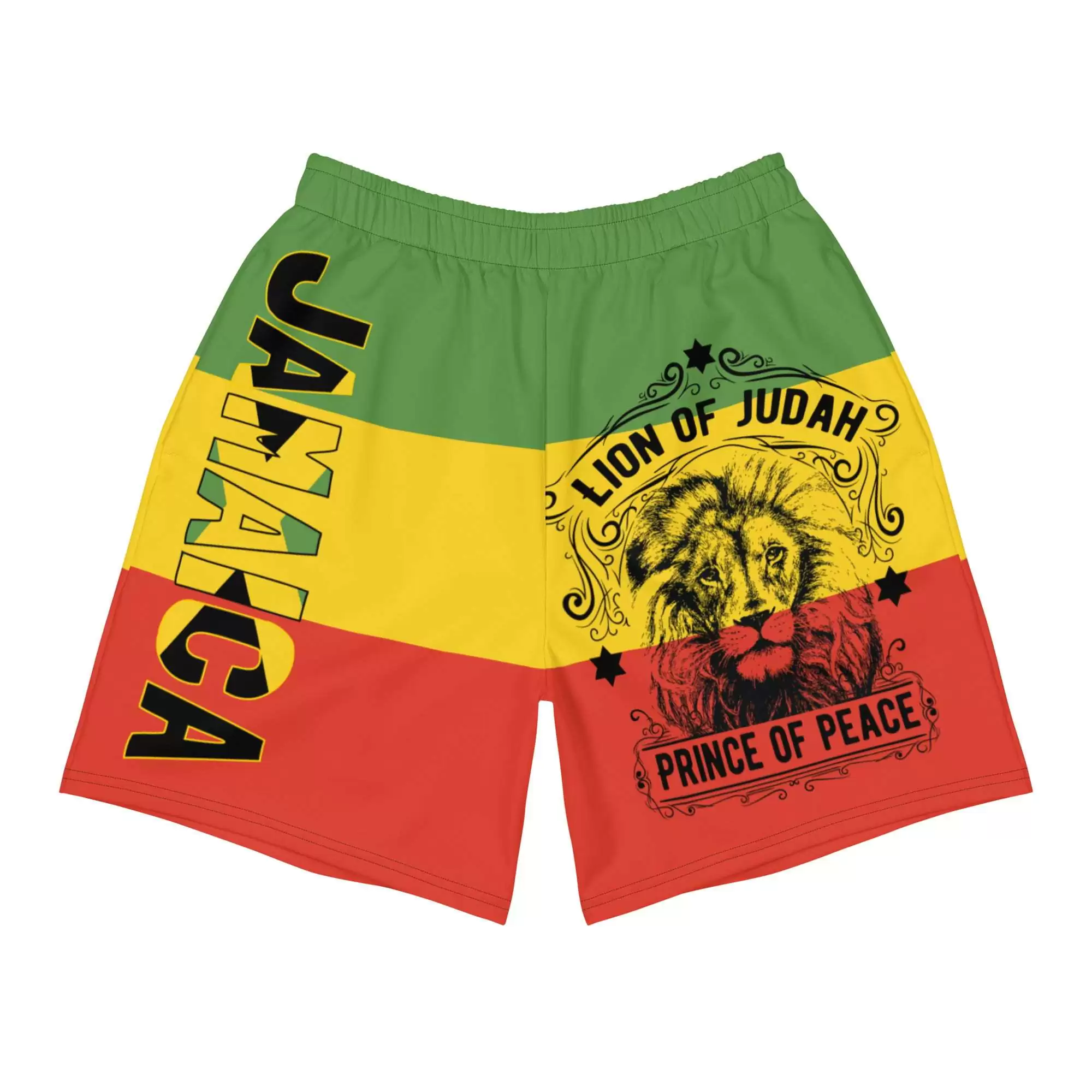 Rastafarian Shorts in red gold and green front view with Jamaica and Lion of Judah design. Great for the beach or on vacation in the hot weather.
