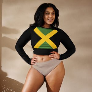 Jamaica long-sleeve crop top front view in Jamaica Flag design on the front and back. Jamaican clothing for men and women at Rastaseed.com