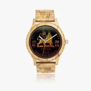 Rasta Lion of judah Italian Olive Lumber Wooden Watch with authentic Ethiopian design front view. Unique piece makes a great gift at Rastaseed.com