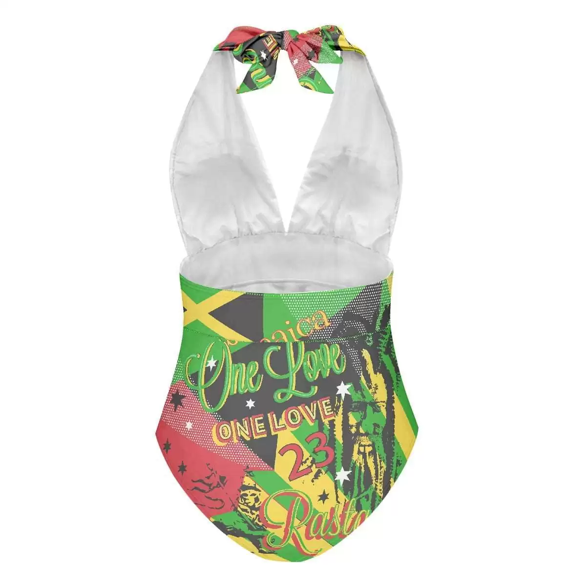 Jamaican colored swimsuit back view in one piece halter neck style. Reggae one love party design for Summer days by the pool or the beach.