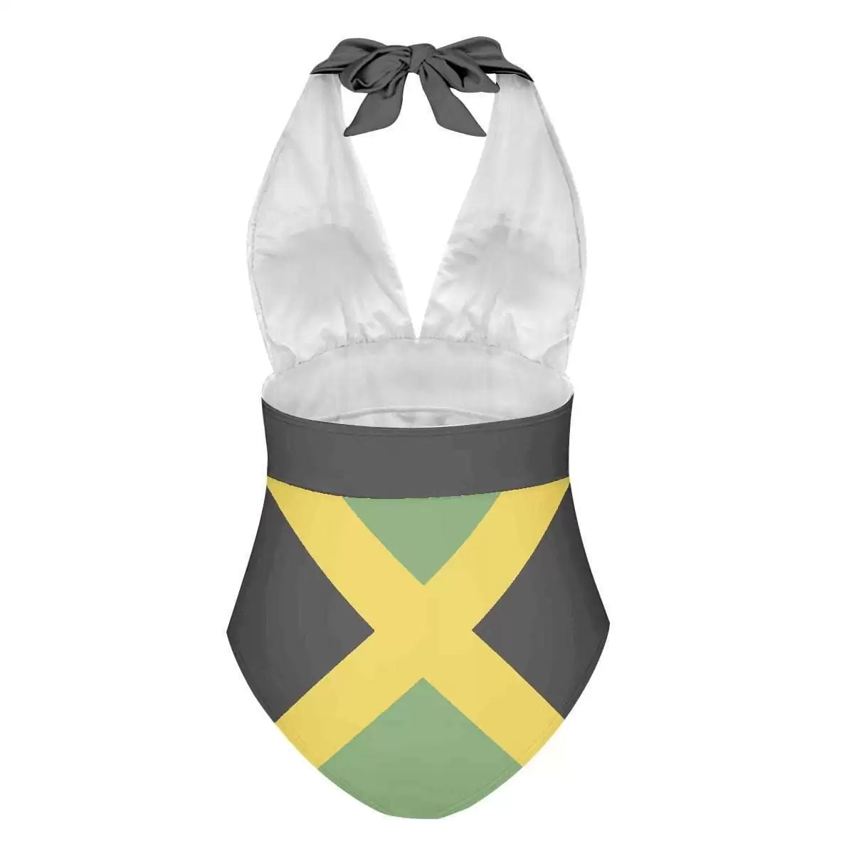 Jamaica swimsuit back viewl in the halter neck one piece style. Jamaican flag and black trim. Comfortable sexy style for your next vacation.