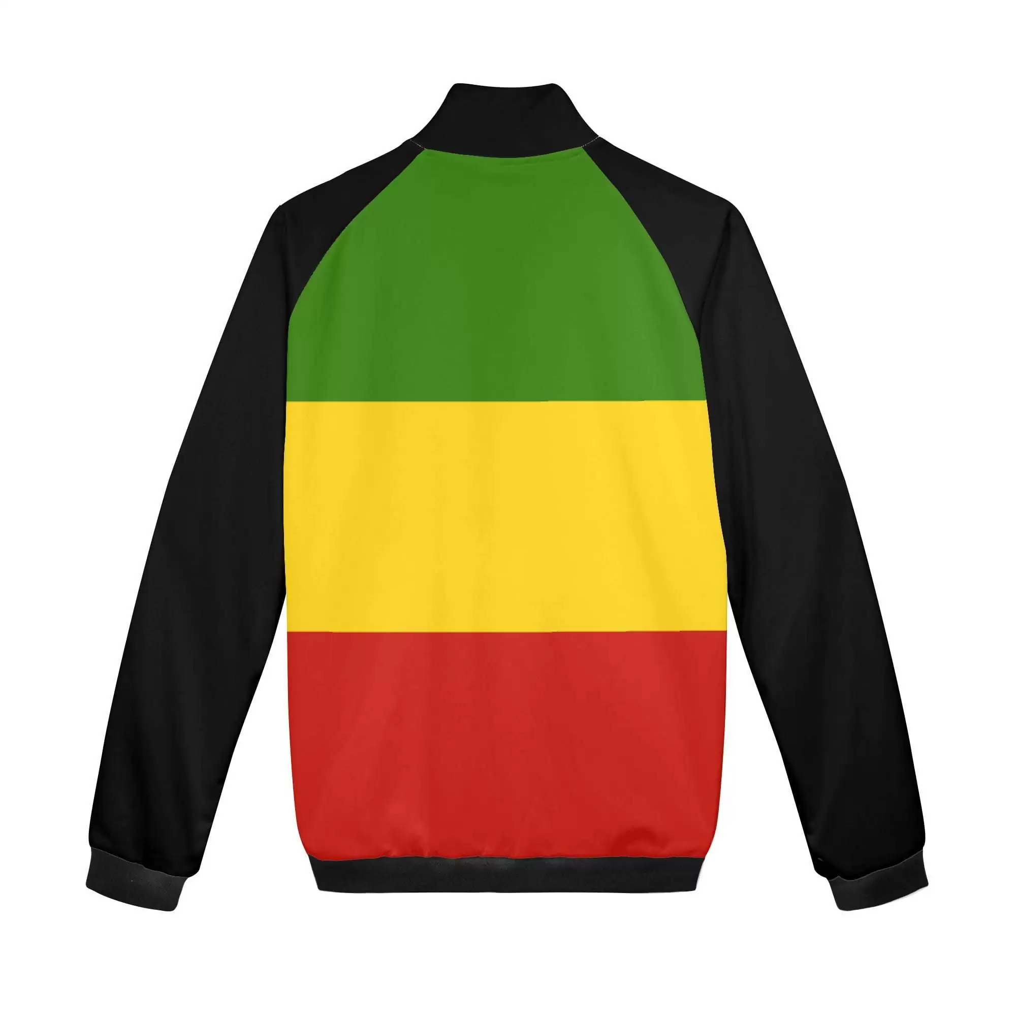 Rasta Jacket with stand up collar back view The hoodie with no hood. Cool style in red gold and green with zip up front and roomy front pockets.