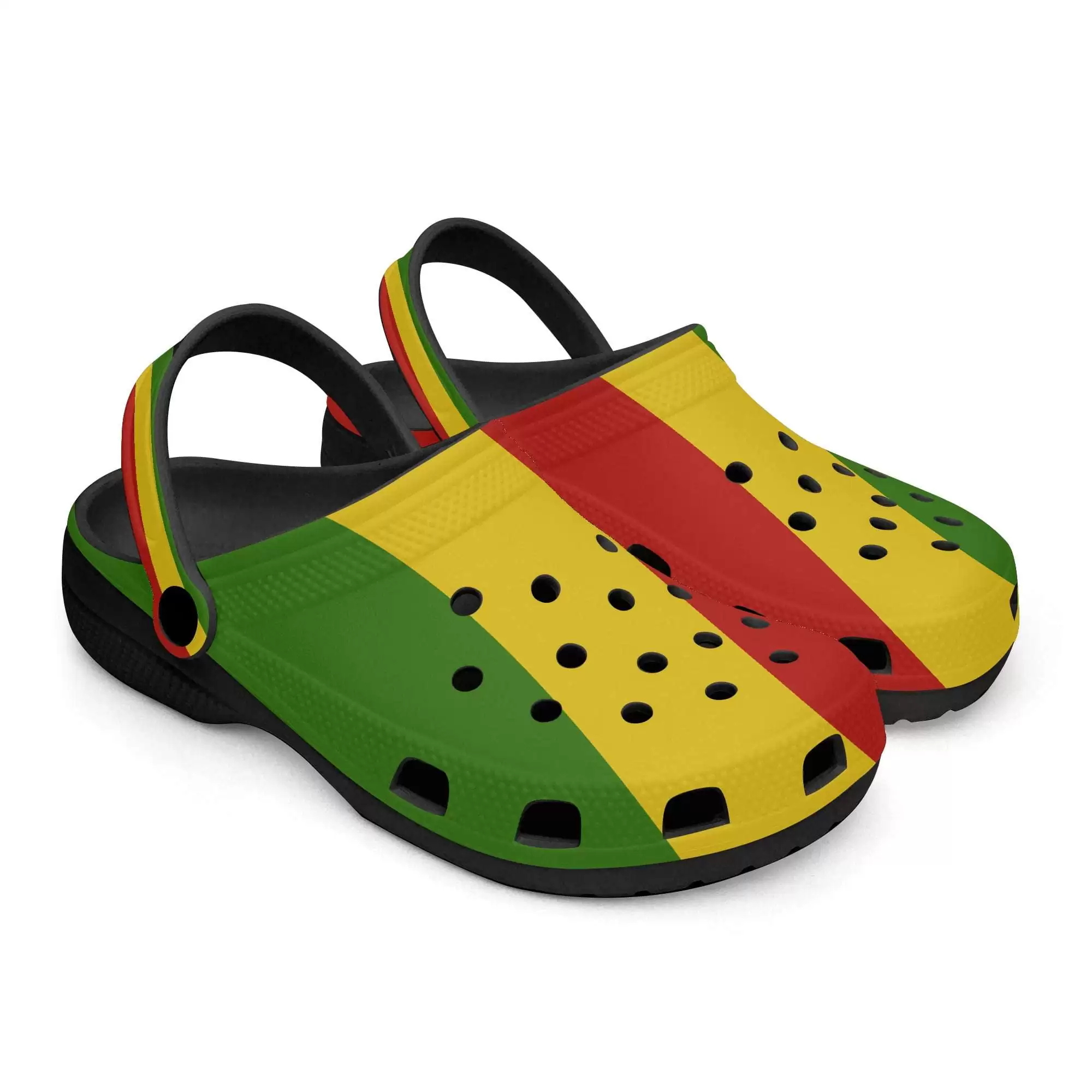 Rasta Clogs in Jamaican Rastafarian colors and with black sole both side top view. Great for casual wear as a sandal or flip flop to protect your feet.