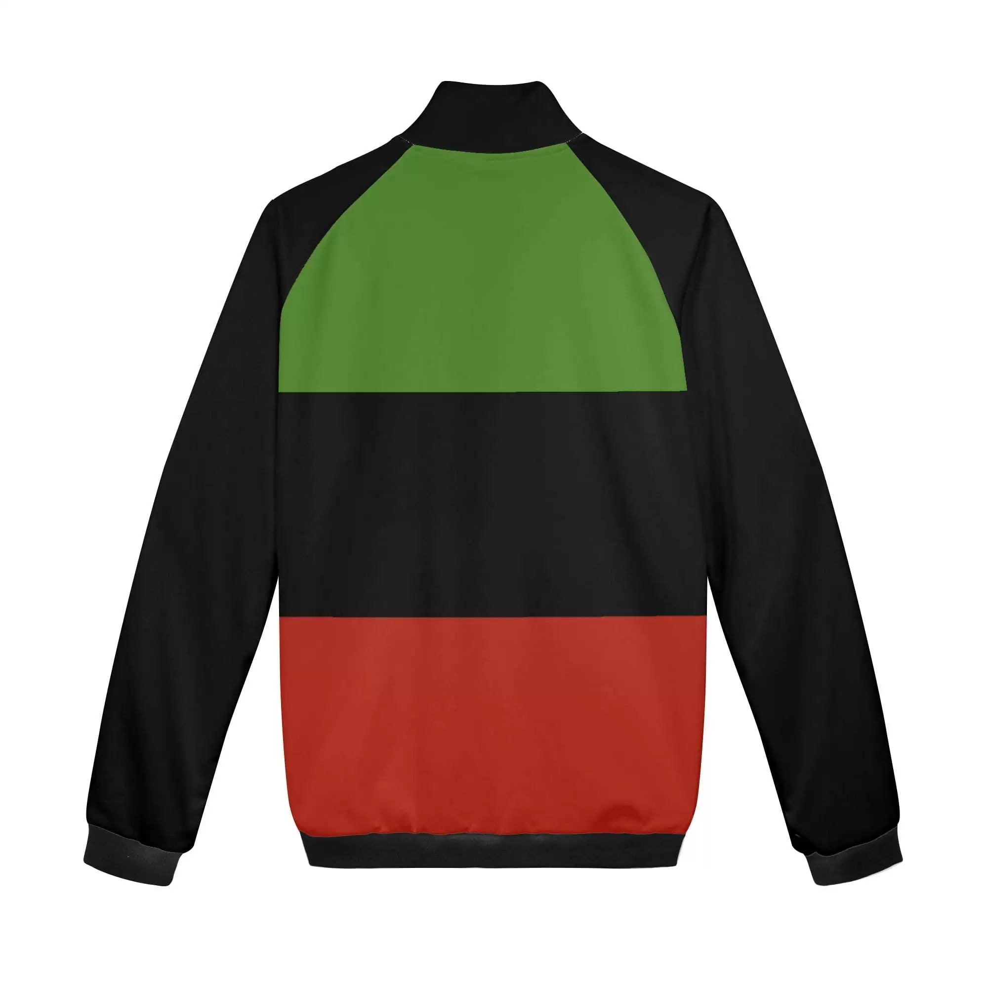 Black Panther Jacket in Afro American and Marcus Garvey colors back view. Zip up hoodie with stand up collar and no hood. Roomy front pockets.