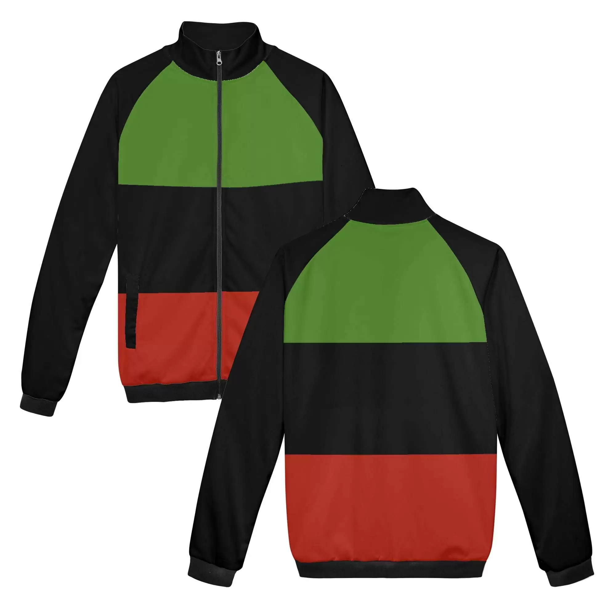 Black Panther Jacket in Afro American and Marcus Garvey colors front and back view. Zip up hoodie with stand up collar and no hood. Roomy front pockets.