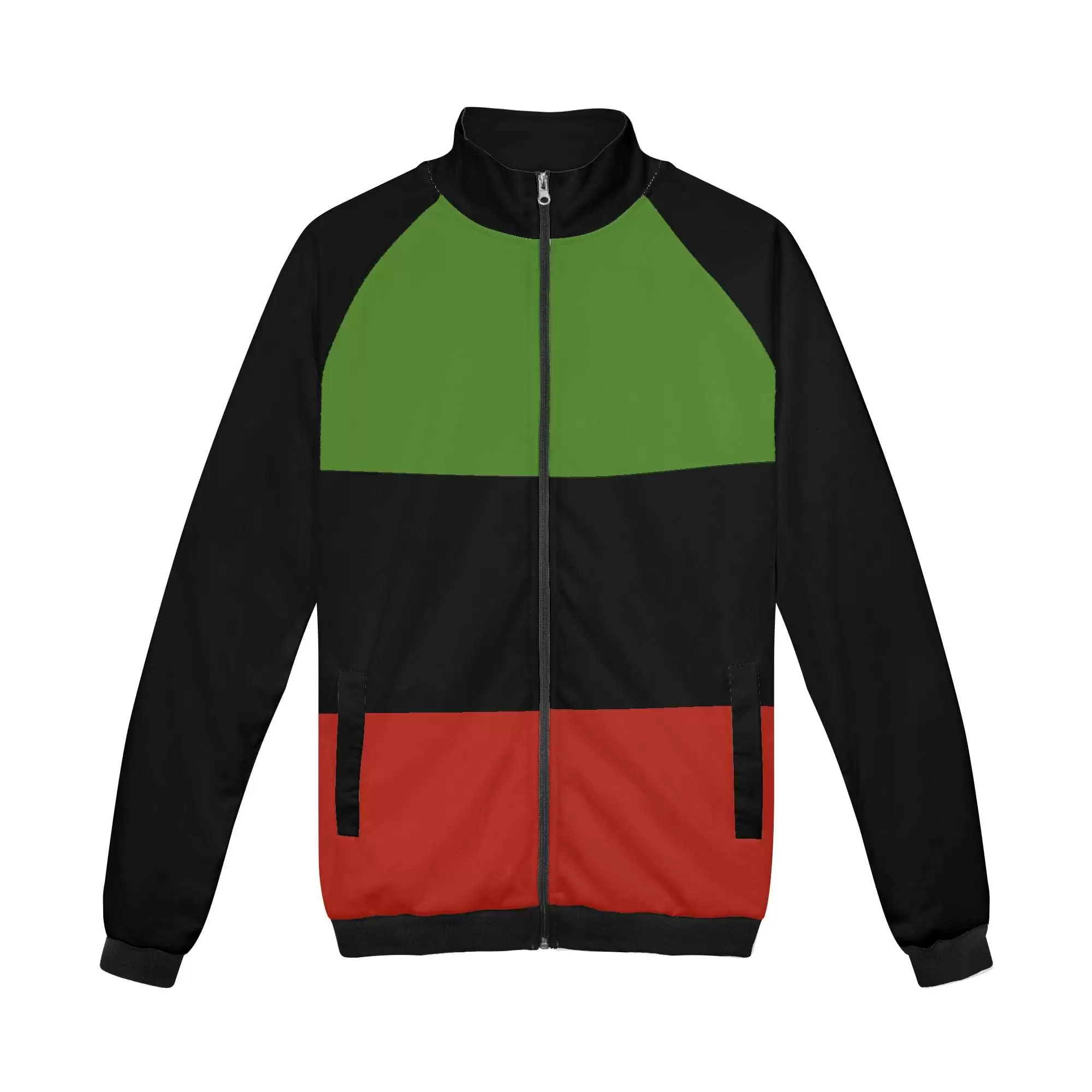 Black Panther Jacket in Afro American and Marcus Garvey colors front view. Zip up hoodie with stand up collar and no hood. Roomy front pockets.