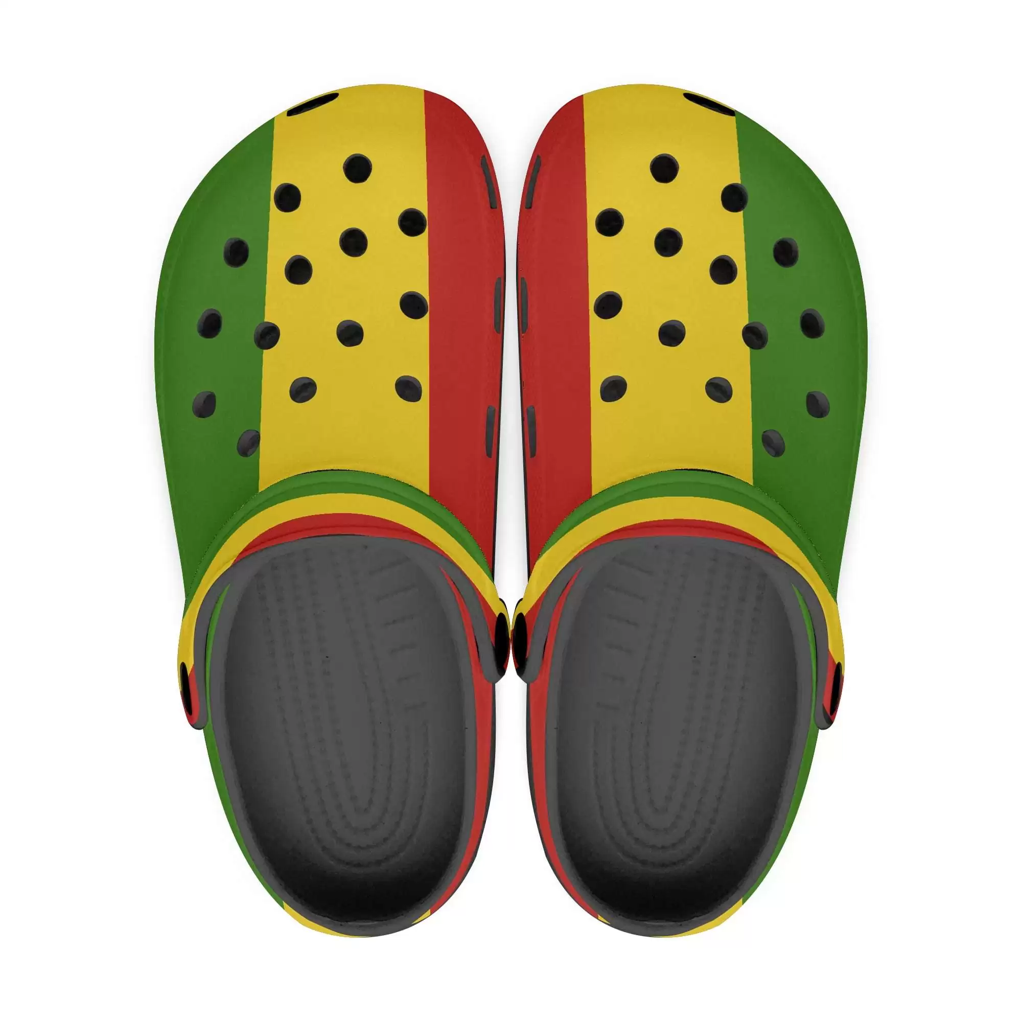 Rasta Clogs in Jamaican Rastafarian colors and with black sole top view. Great for casual wear as a sandal or flip flop to protect your feet.