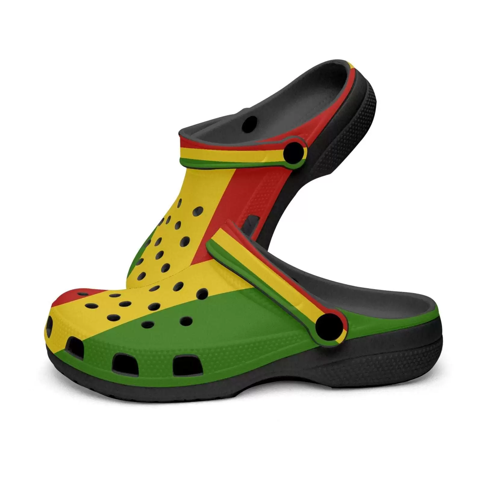 Rasta Clogs in Jamaican Rastafarian colors and with black sole both side view. Great for casual wear as a sandal or flip flop to protect your feet.